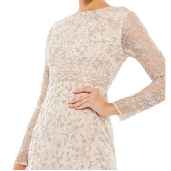 Mac Duggal 10812 Beaded Tea-Length Dress Sheer Sleeves Porcelain Size 6 NWT - Picture 4 of 11